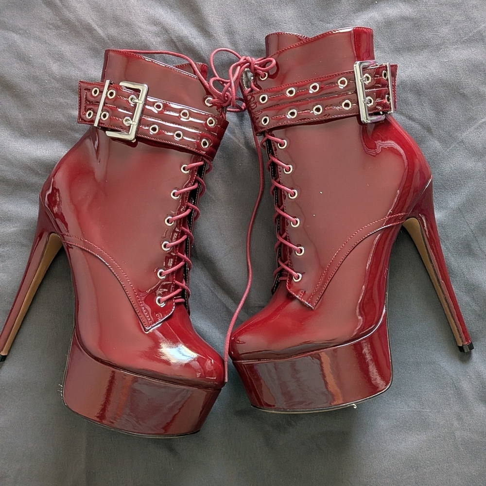 Patent Lace-Up Platform Ankle Boots in Deep Red